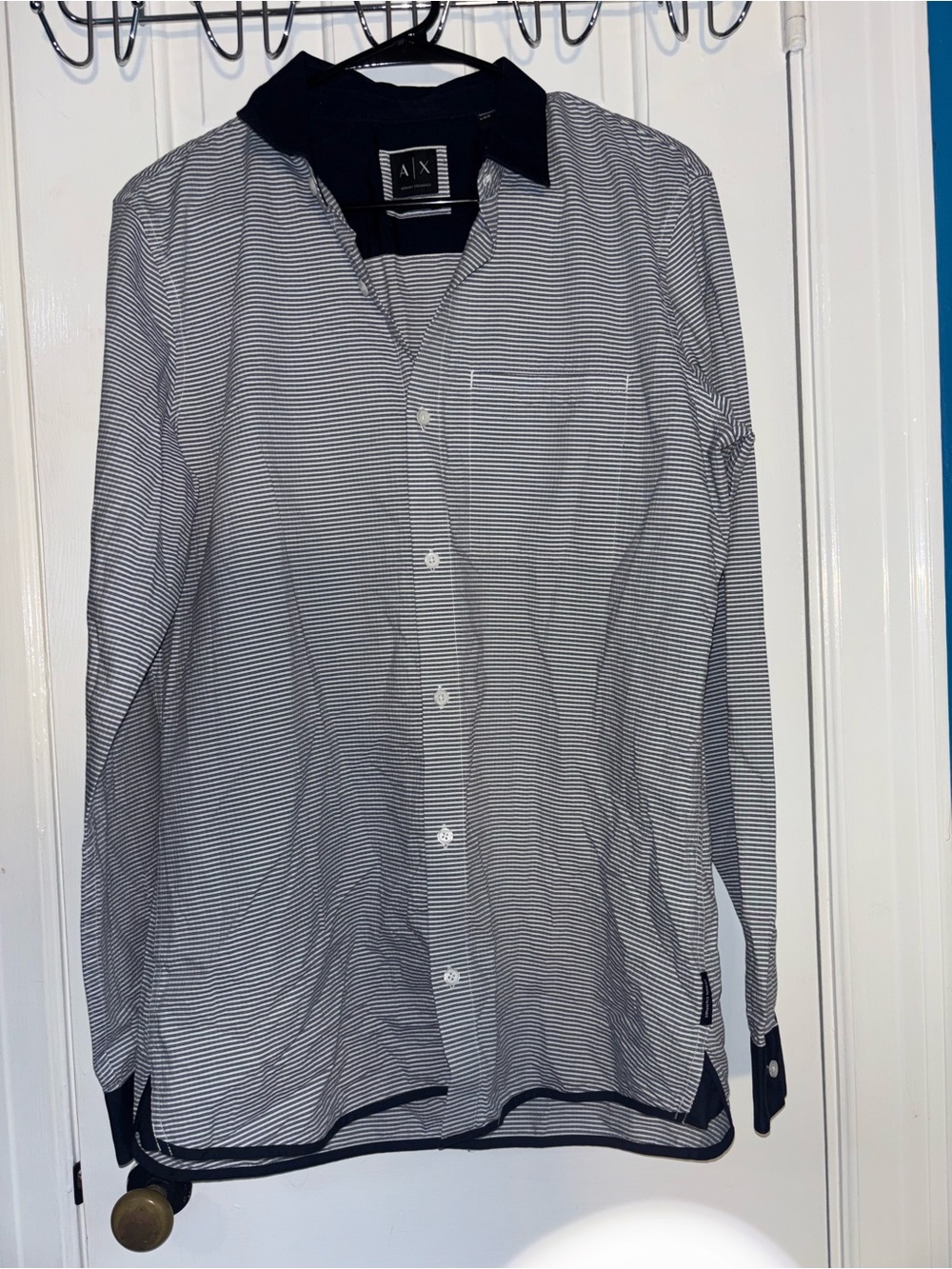 A/X Armani Exchange Men's Navy and White Micro-Striped Dress Shirt